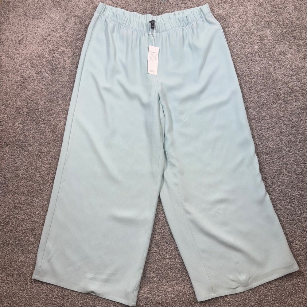 Eileen Fisher Silk Georgette Crepe Wide Leg Ankle Pull On Pants Small Pool NEW - Picture 2 of 9
